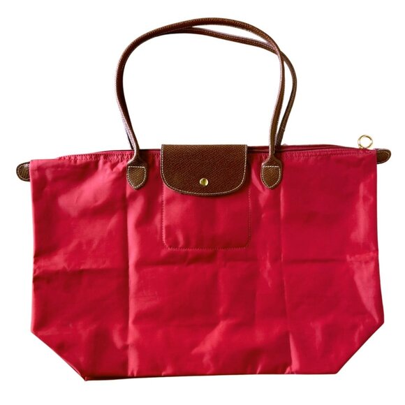 Red Large Nylon Tote Bag Brown Leather Trim Gold Hardware Durable Lightweight - Picture 1 of 9
